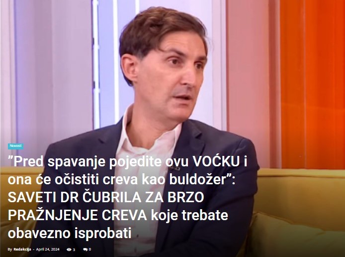 SAVETI DR ČUBRILA ZA BRZO PRAŽNJENJE CREVA: “Pred spavanje pojedite ovu voćku i ona će očistiti creva kao buldožer”