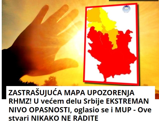 ZASTRAŠUJUĆA MAPA UPOZORENJA RHMZ! U većem delu Srbije EKSTREMAN NIVO OPASNOSTI, oglasio se i MUP – Ove stvari NIKAKO NE RADITE