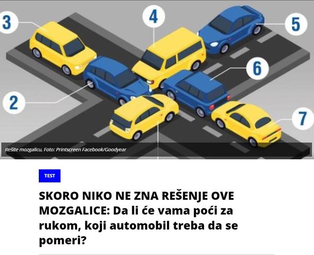 SKORO NIKO NE ZNA REŠENJE OVE MOZGALICE: Da li će vama poći za rukom, koji automobil treba da se pomeri?