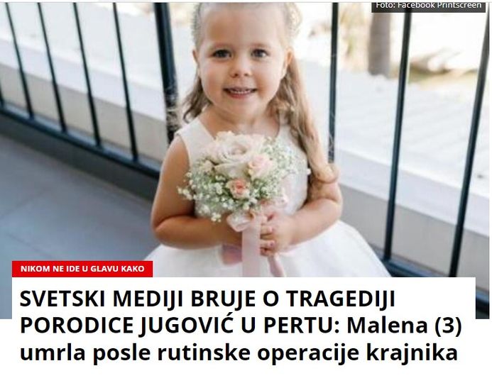 SVETSKI MEDIJI BRUJE O TRAGEDIJI PORODICE JUGOVIĆ U PERTU: Malena (3) umrla posle rutinske operacije krajnika