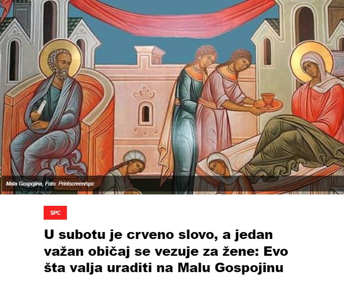 U subotu je crveno slovo, a jedan važan običaj se vezuje za žene: Evo šta valja uraditi na Malu Gospojinu