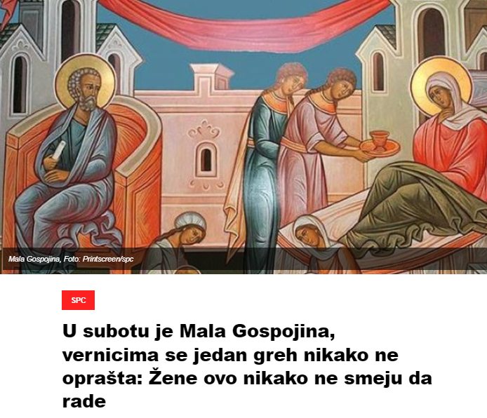 U subotu je Mala Gospojina, vernicima se jedan greh nikako ne oprašta: Žene ovo nikako ne smeju da rade