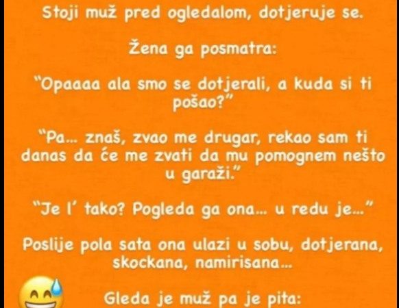 Stoji muž pred ogledalom, dotjeruje se…