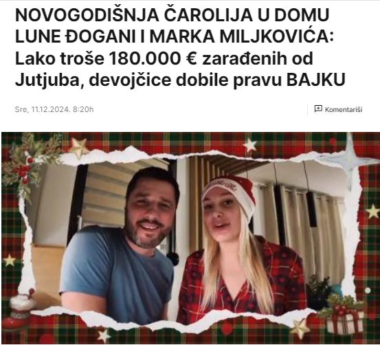 NOVOGODIŠNJA ČAROLIJA U DOMU LUNE ĐOGANI I MARKA MILJKOVIĆA: Lako troše 180.000 € zarađenih od Jutjuba, devojčice dobile pravu BAJKU