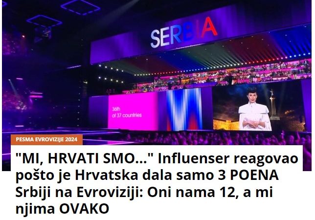 “MI, HRVATI SMO…” Influenser reagovao pošto je Hrvatska dala samo 3 POENA Srbiji na Evroviziji: Oni nama 12, a mi njima OVAKO