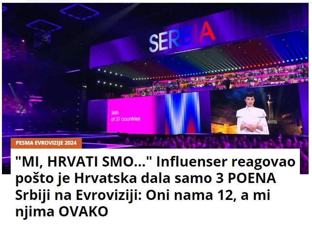 “MI, HRVATI SMO…” Influenser reagovao pošto je Hrvatska dala samo 3 POENA Srbiji na Evroviziji: Oni nama 12, a mi njima OVAKO