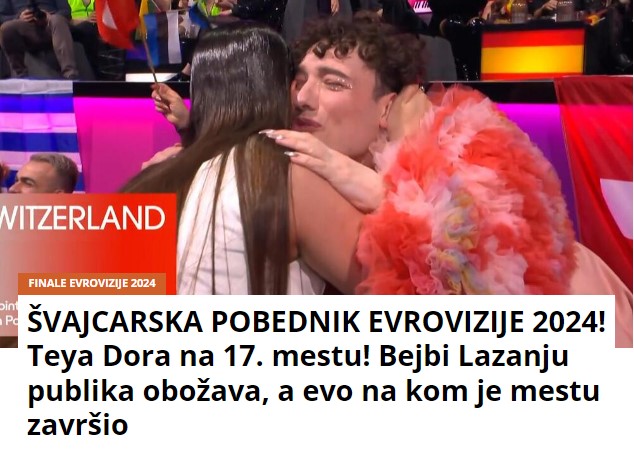 ŠVAJCARSKA POBEDNIK EVROVIZIJE 2024! Teya Dora na 17. mestu! Bejbi Lazanju publika obožava, a evo na kom je mestu završio