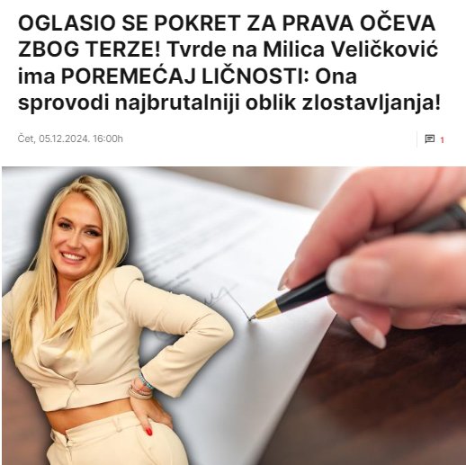 OGLASIO SE POKRET ZA PRAVA OČEVA ZBOG TERZE! Tvrde na Milica Veličković ima POREMEĆAJ LIČNOSTI: Ona sprovodi najbrutalniji oblik zlostavljanja!