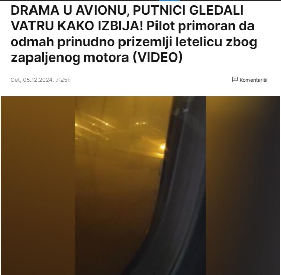 DRAMA U AVIONU, PUTNICI GLEDALI VATRU KAKO IZBIJA! Pilot primoran da odmah prinudno prizemlji letelicu zbog zapaljenog motora (VIDEO)